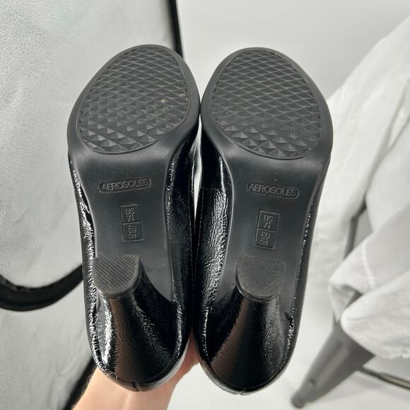 VTG 90s y2k Women's Black Leather Aerosoles Benefit Peep Toe Bow Heel Pumps 7.5M - Picture 8 of 8